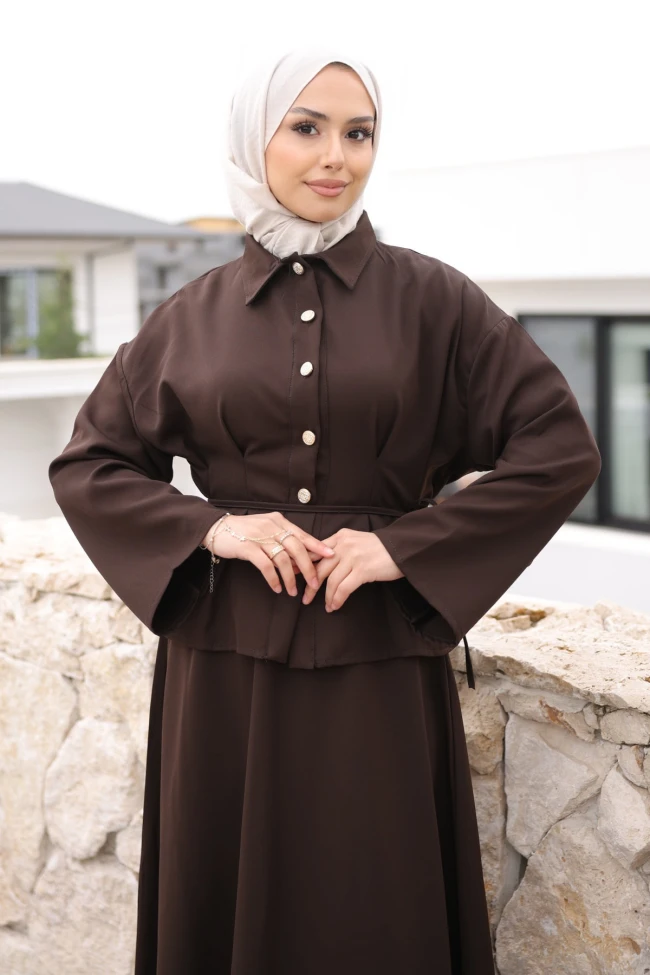 Kahverengi Pens Dikişli Gömlek Etekli Dabıl Takım