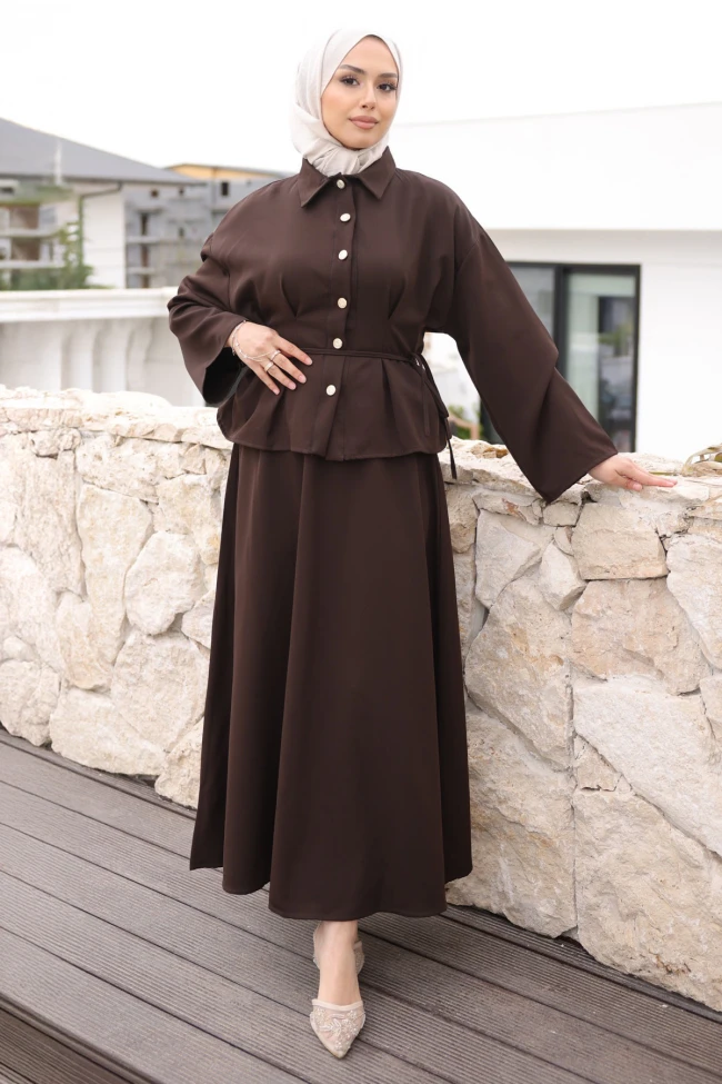 Kahverengi Pens Dikişli Gömlek Etekli Dabıl Takım