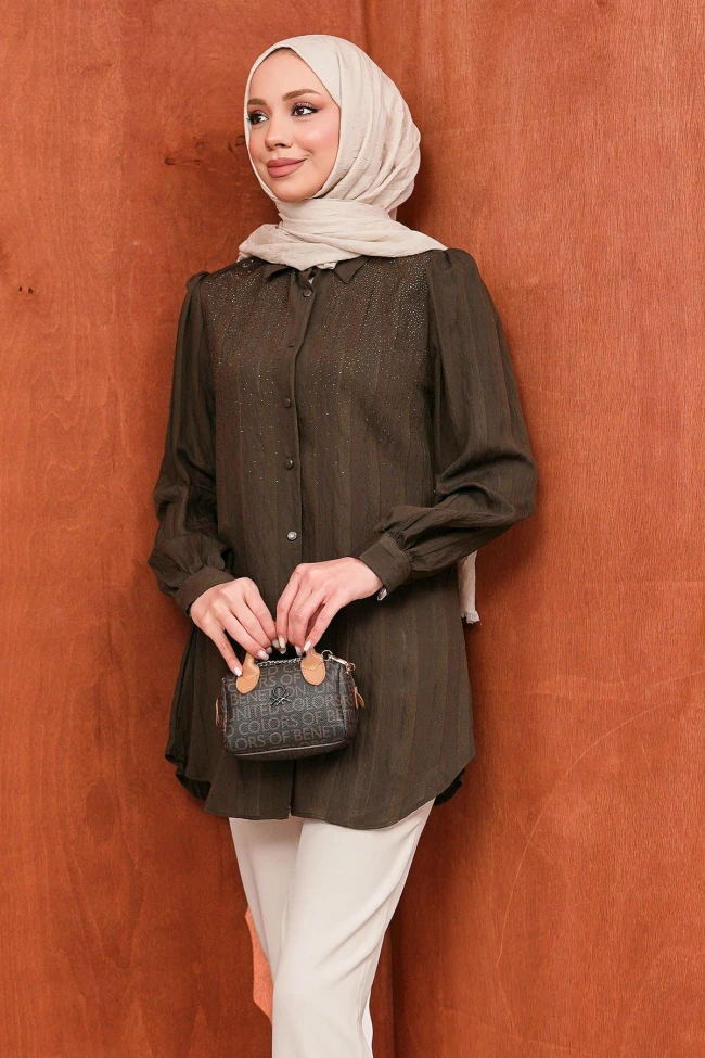 Kahverengi Taş Detaylı Düğmeli Tunik Tunik