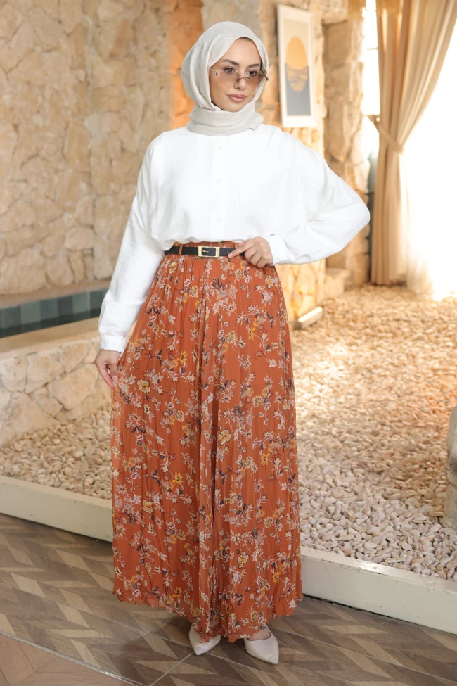 Kiremit Bel Lastikli Desenli Şifon Etek