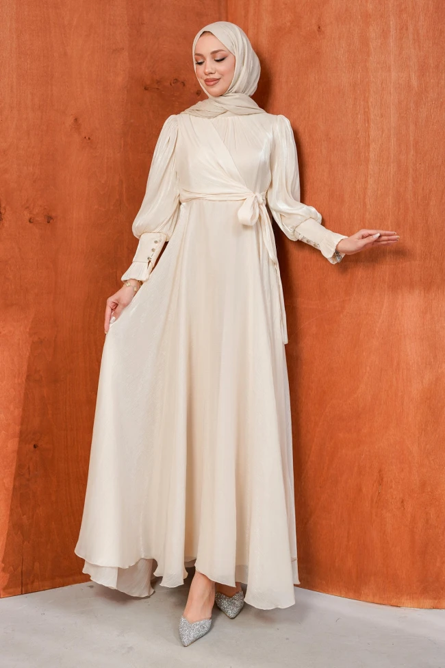 Krem Yandan Bağlamalı Abiye