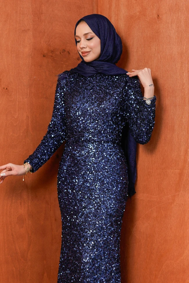 Lacivert Bel Kuşaklı Payetli Abiye