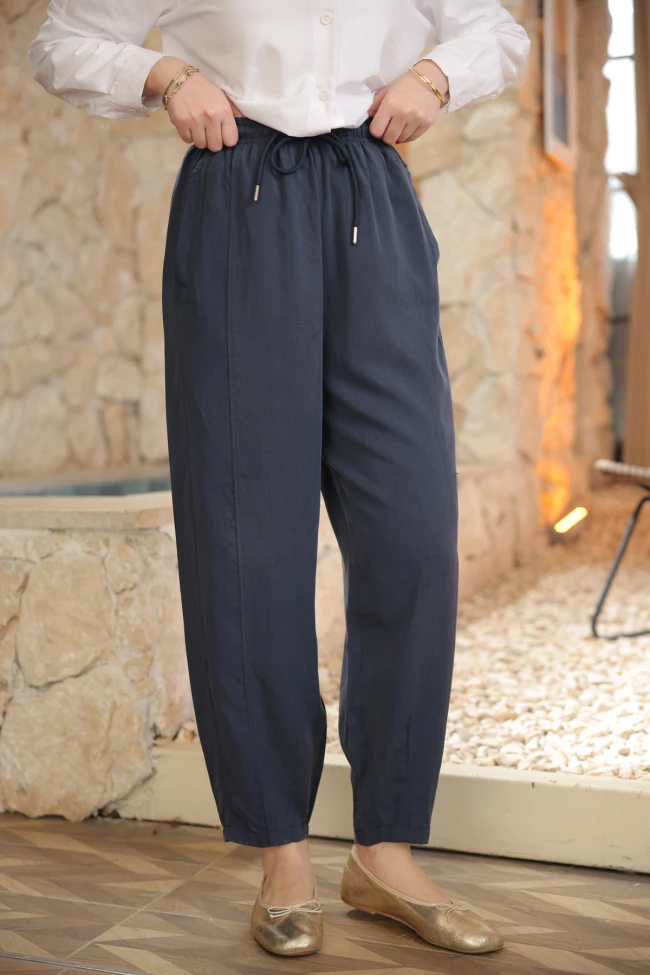 Lacivert Bel Lastikli Şalvar Kesim Pantolon