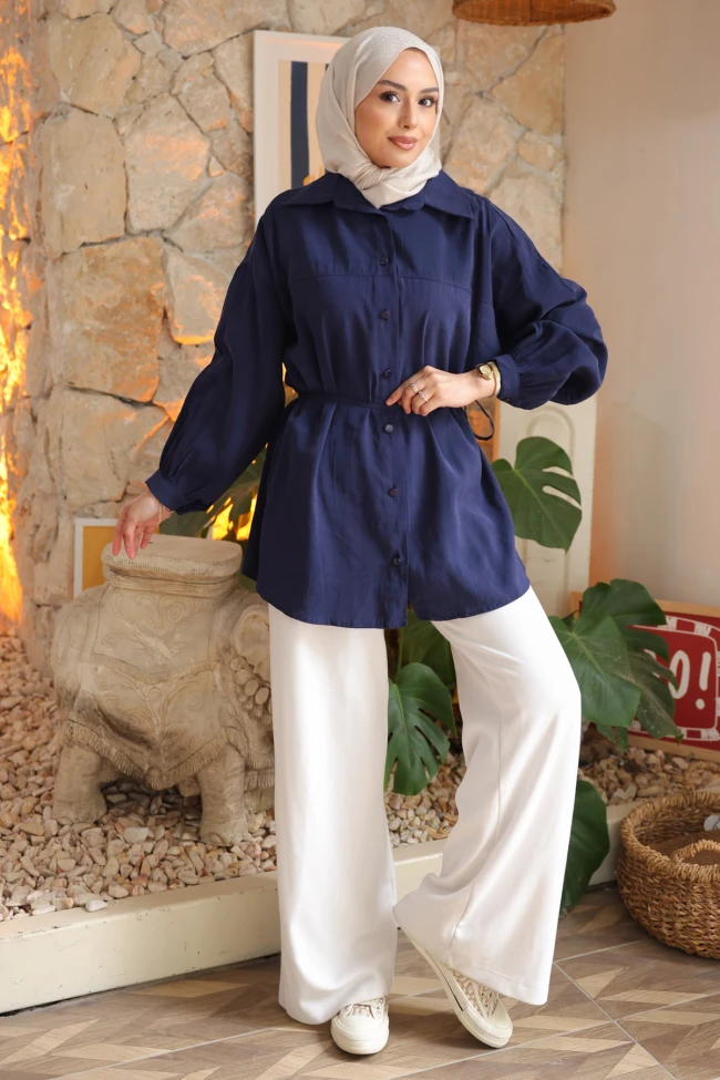 Lacivert Biye Detaylı İp Bağlamalı Modal Dokuma Gömlek