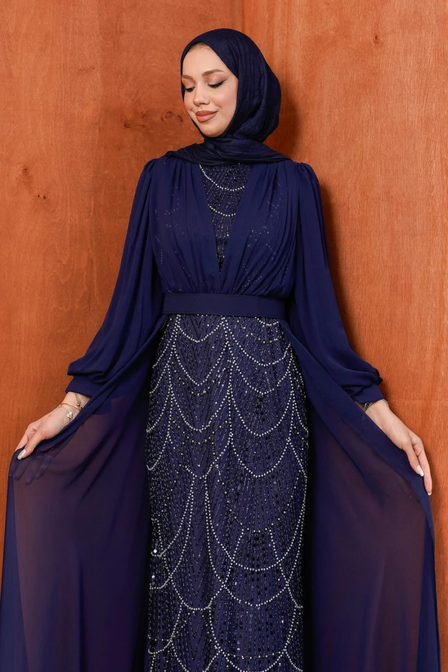 Lacivert Boncuklu Şifon Abiye