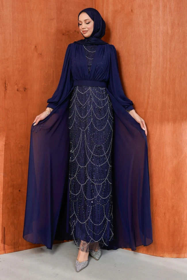 Lacivert Boncuklu Şifon Abiye