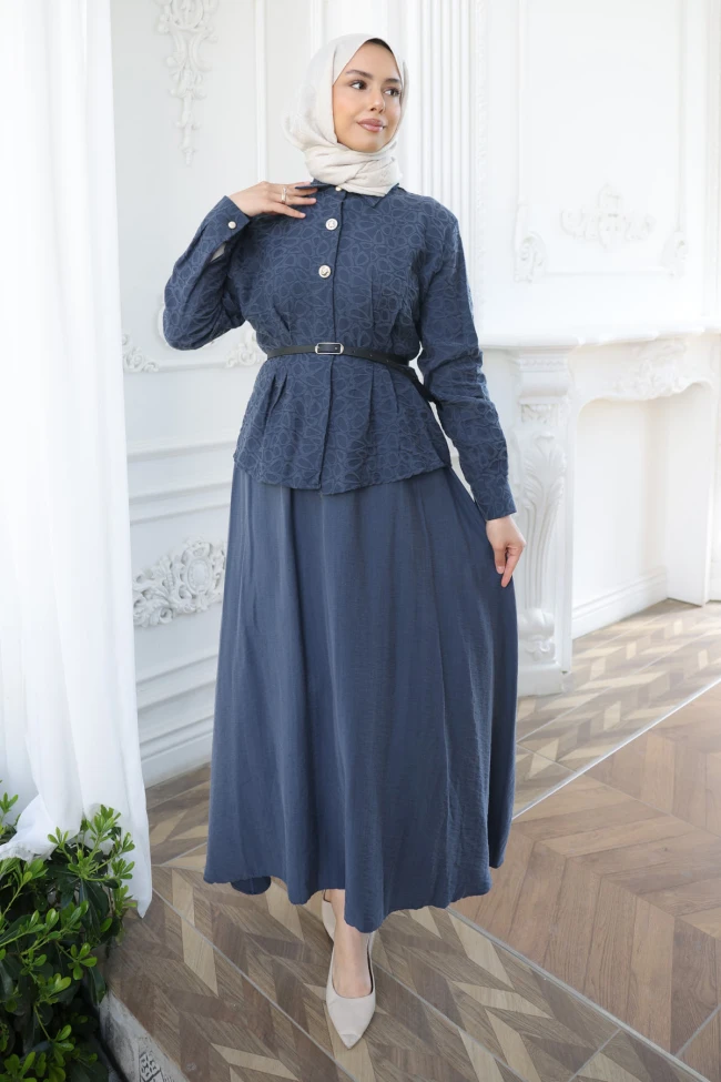 Lacivert Desenli Modal Gömlek Etekli Takım