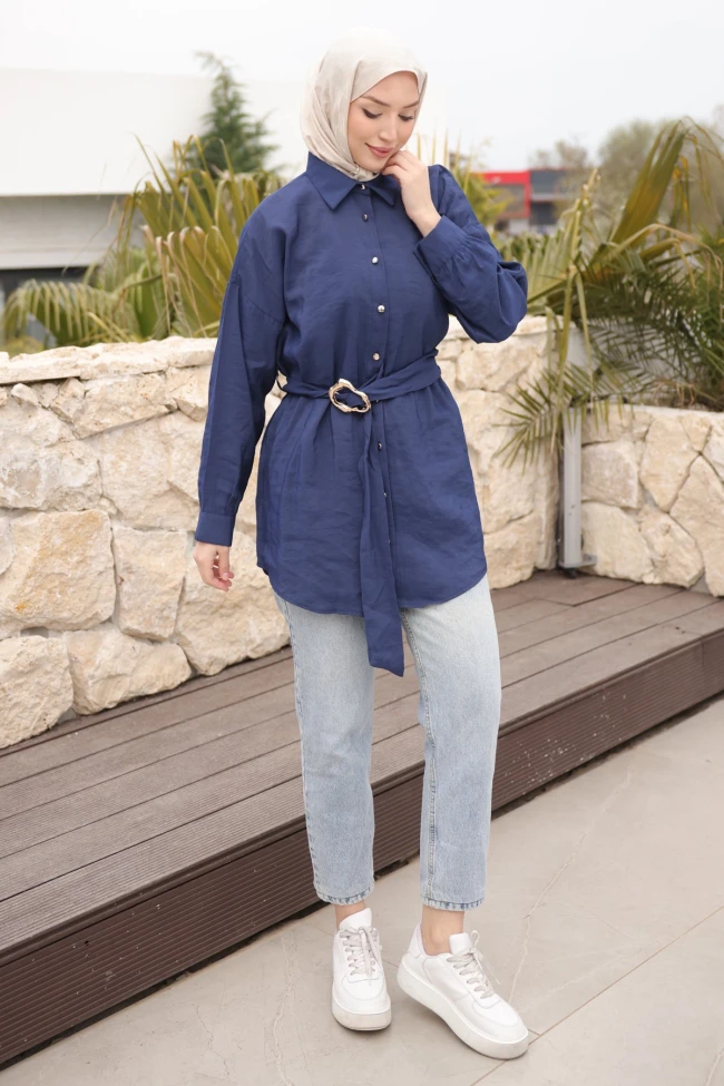 Lacivert Düğmeli Kuşaklı Tunik