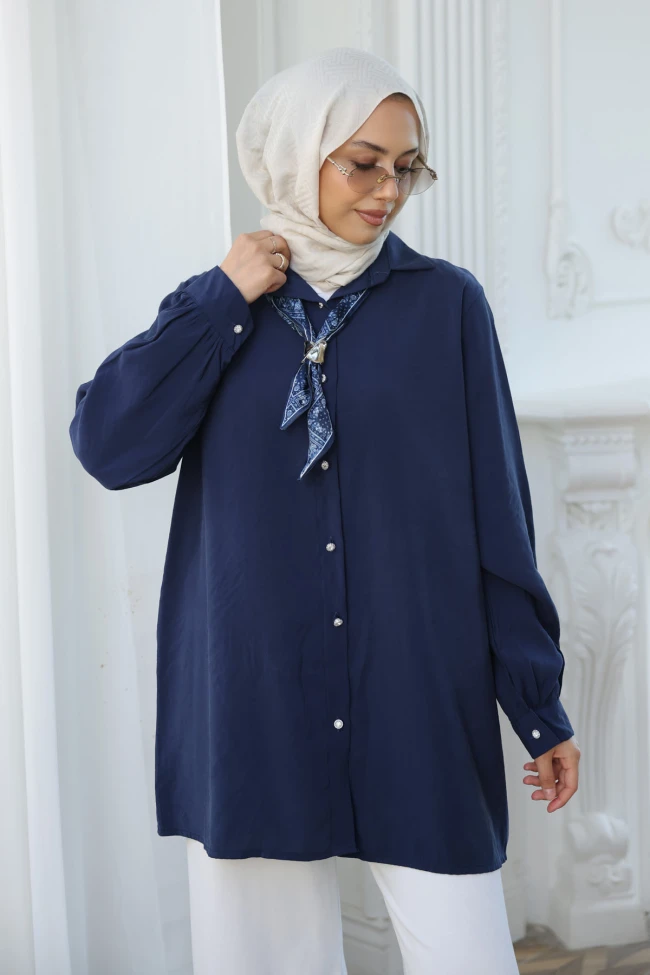 Lacivert Etnik Fularlı Modal Dokuma Gömlek