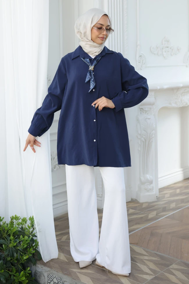 Lacivert Etnik Fularlı Modal Dokuma Gömlek