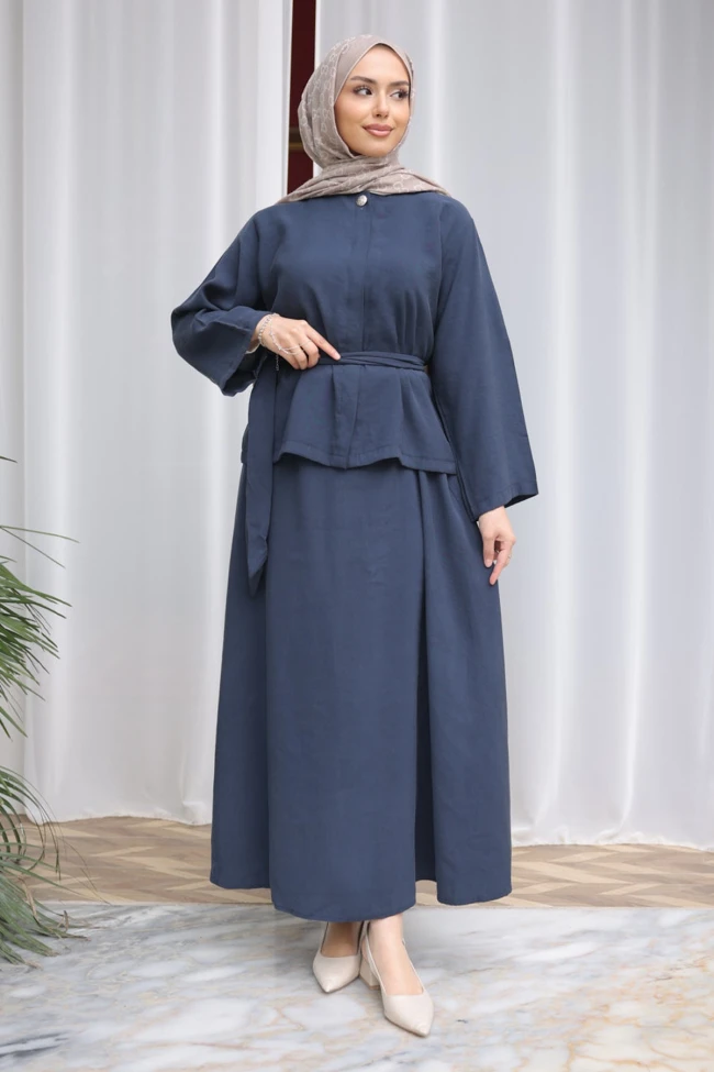 Lacivert Gizli Düğmeli Bel Kuşaklı Gömlek Etekli Takım