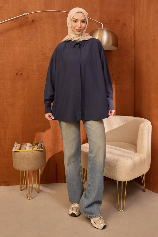 Lacivert Gizli Düğmeli Oversize Tunik