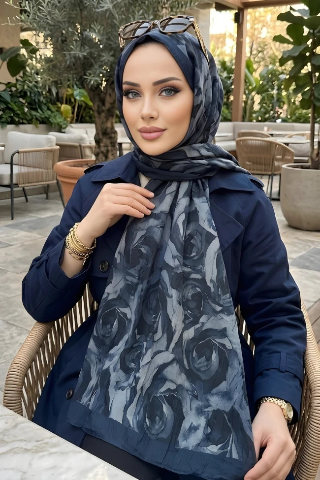 Lacivert İpekhan Desenli Kraş Şal
