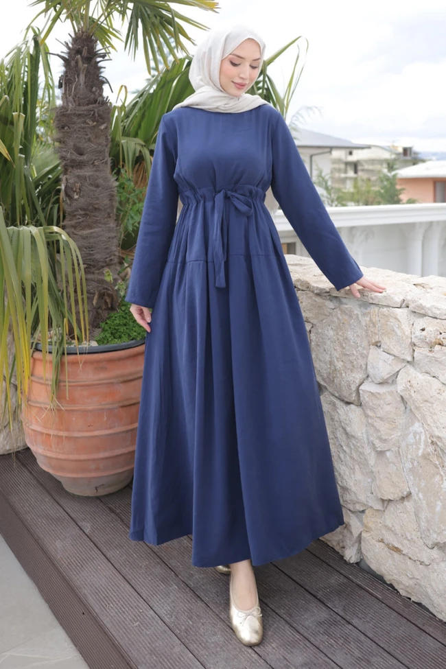 Lacivert Ön Etek Pileli Belden  Bağlamalı Modal Dokuma Elbise