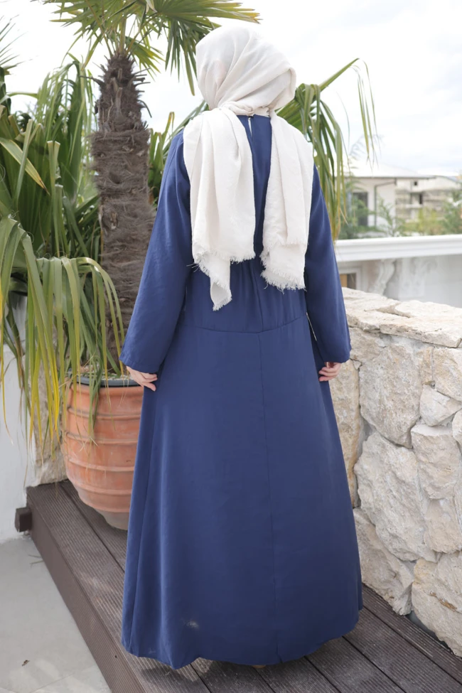 Lacivert Ön Etek Pileli Belden  Bağlamalı Modal Dokuma Elbise