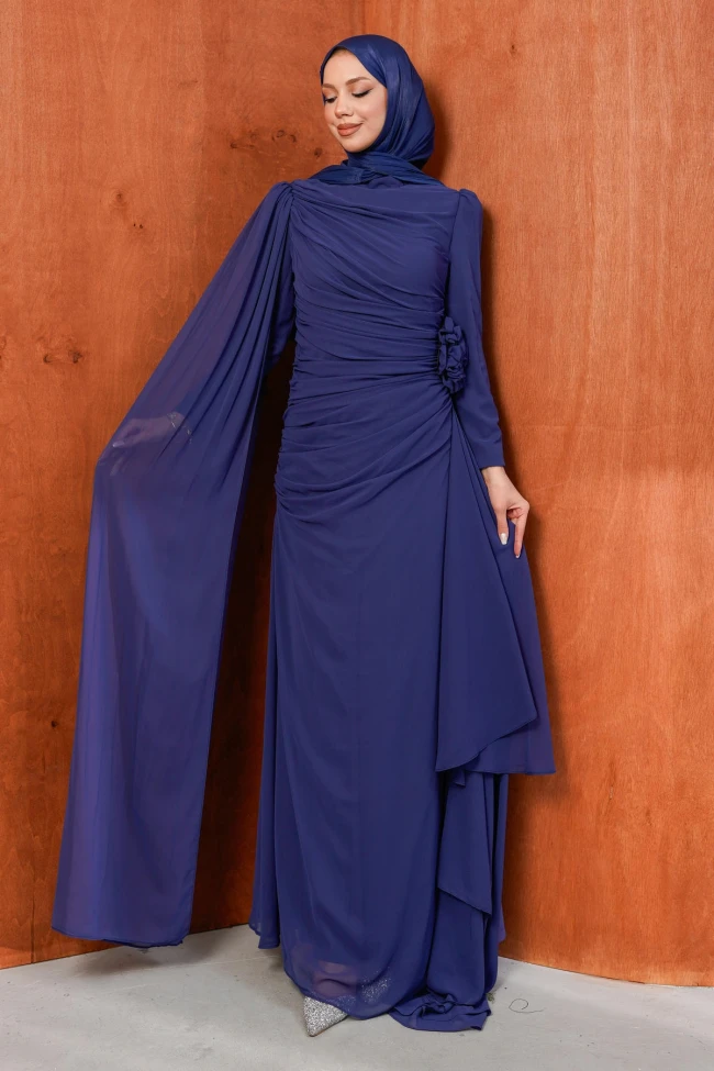 Lacivert Pelerinli Gül Detaylı Şifon Abiye