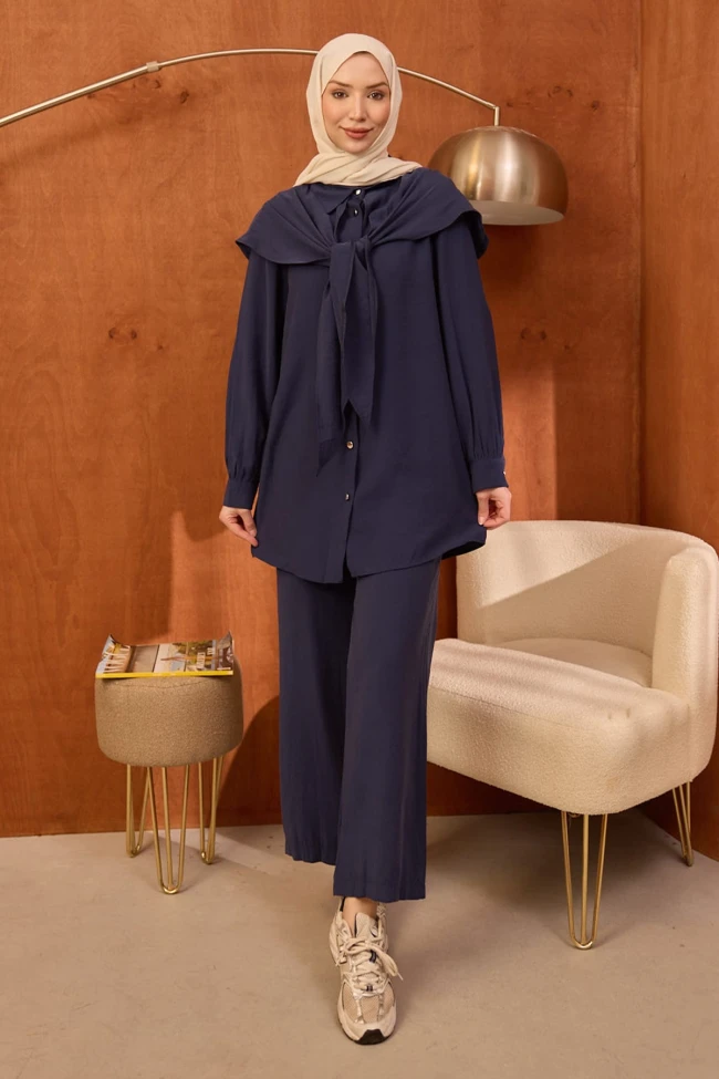 Lacivert Şal Detaylı Tunik Pantolonlu Takım