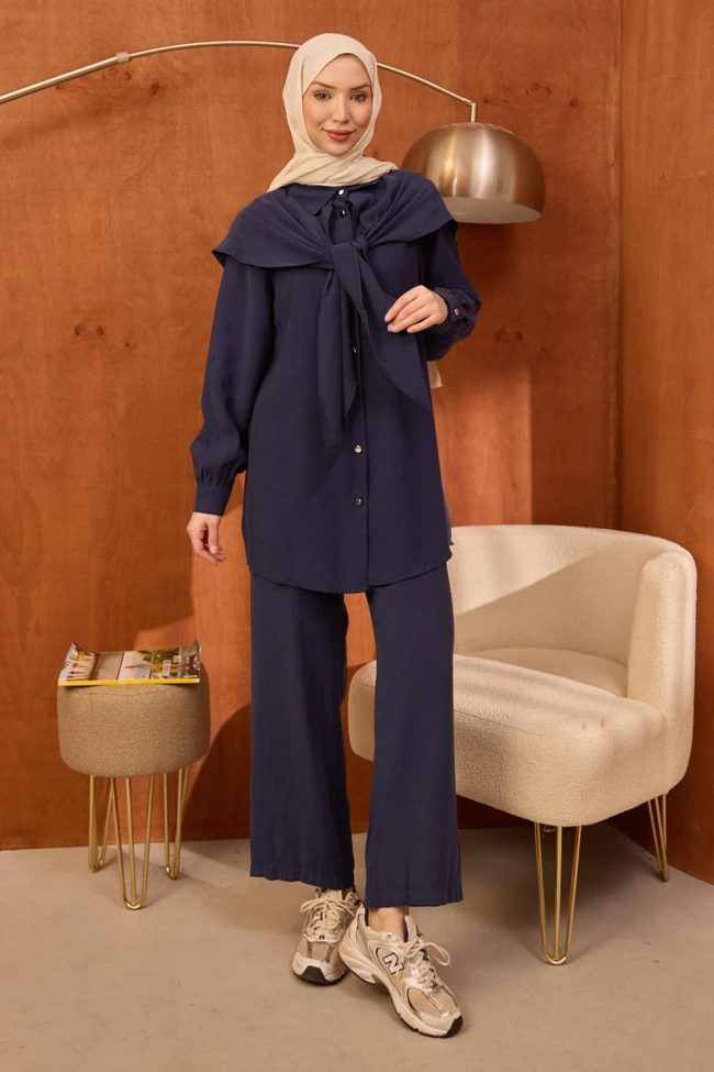 Lacivert Şal Detaylı Tunik Pantolonlu Takım