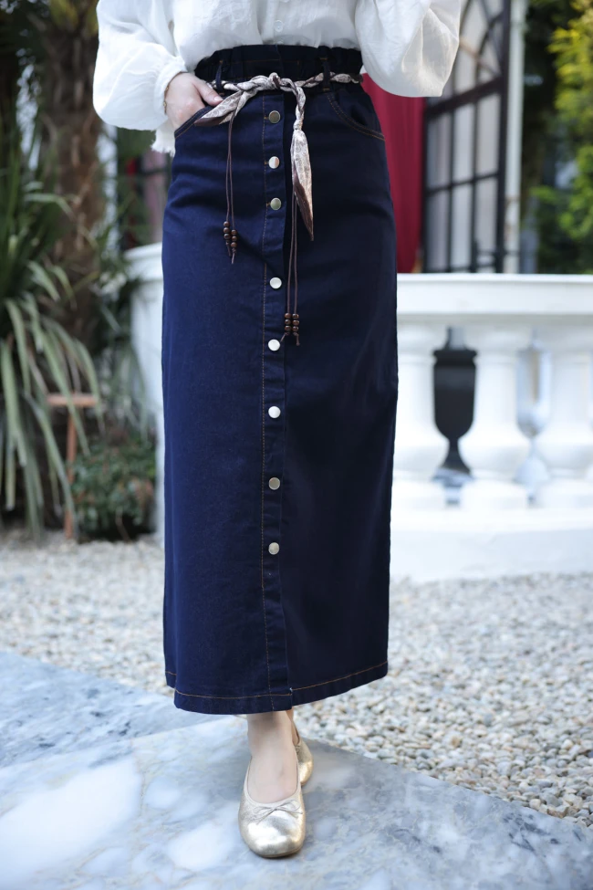 Lacivert Şal Kemerli Bel Lastikli Kot Etek