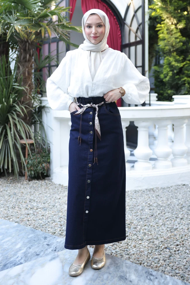 Lacivert Şal Kemerli Bel Lastikli Kot Etek