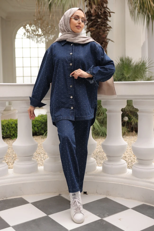 Lacivert Taşlı Kot Ceket Pantolonlu Takım