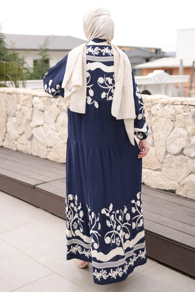 Lacivert Yarım Düğmeli Kol Lastikli Viskon Elbise