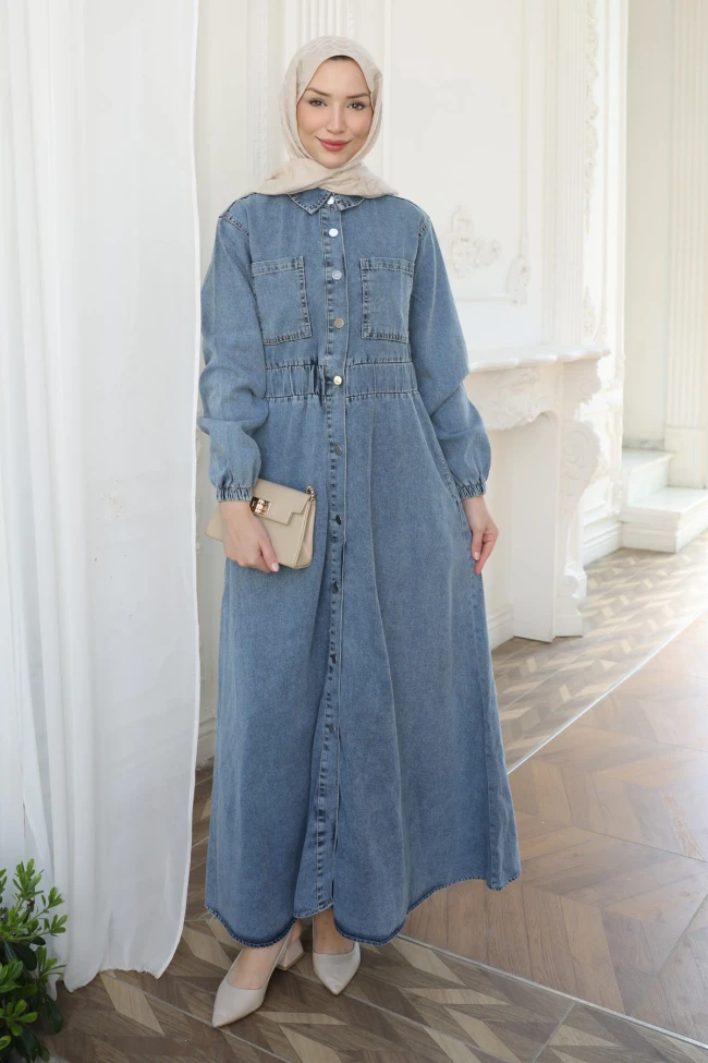 Mavi Bel Lastikli Düğmeli Kot Elbise