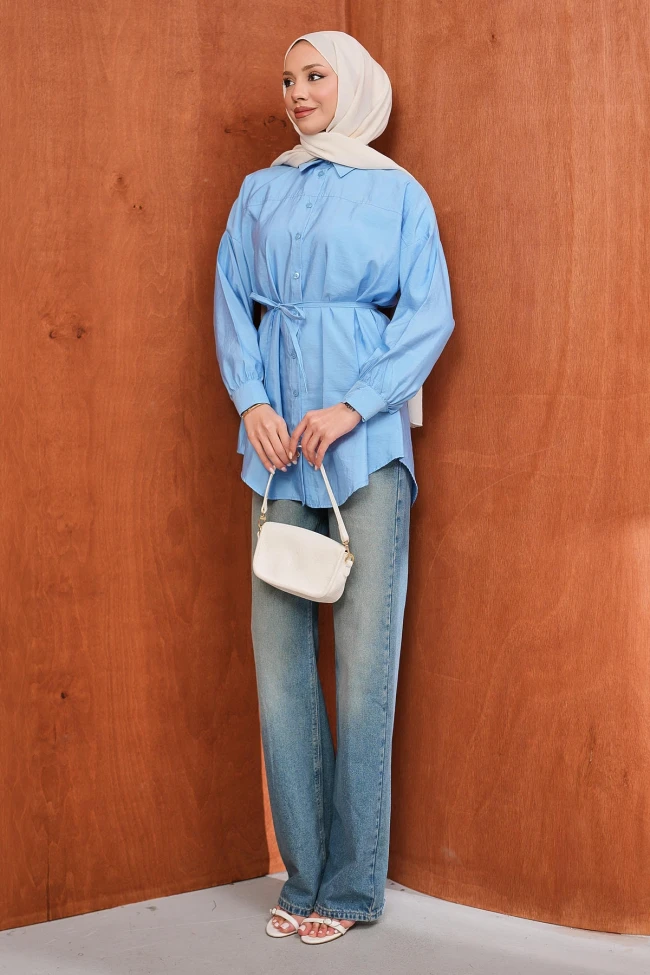 Mavi Düğmeli İp Bağlamalı Modal Gömlek