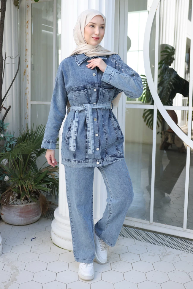 Mavi Taş Detaylı Cepli Ceket Pantolonlu Kot Takım