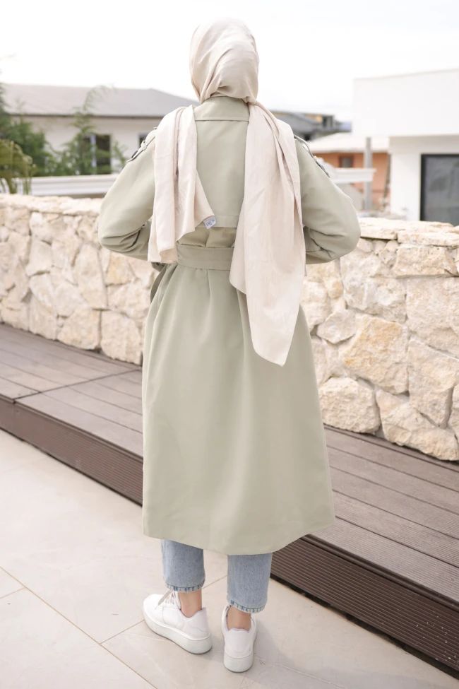 Mint Yeşili Kruvaze Yaka Astarlı Trençkot