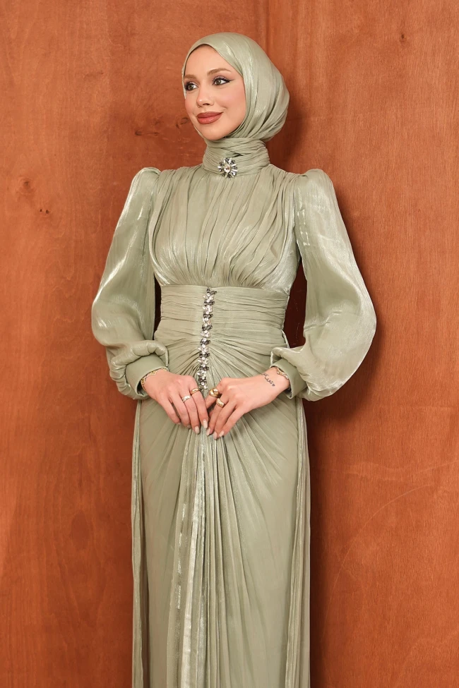 Mint Yeşili Taş Detaylı Drapeli Janjan Abiye