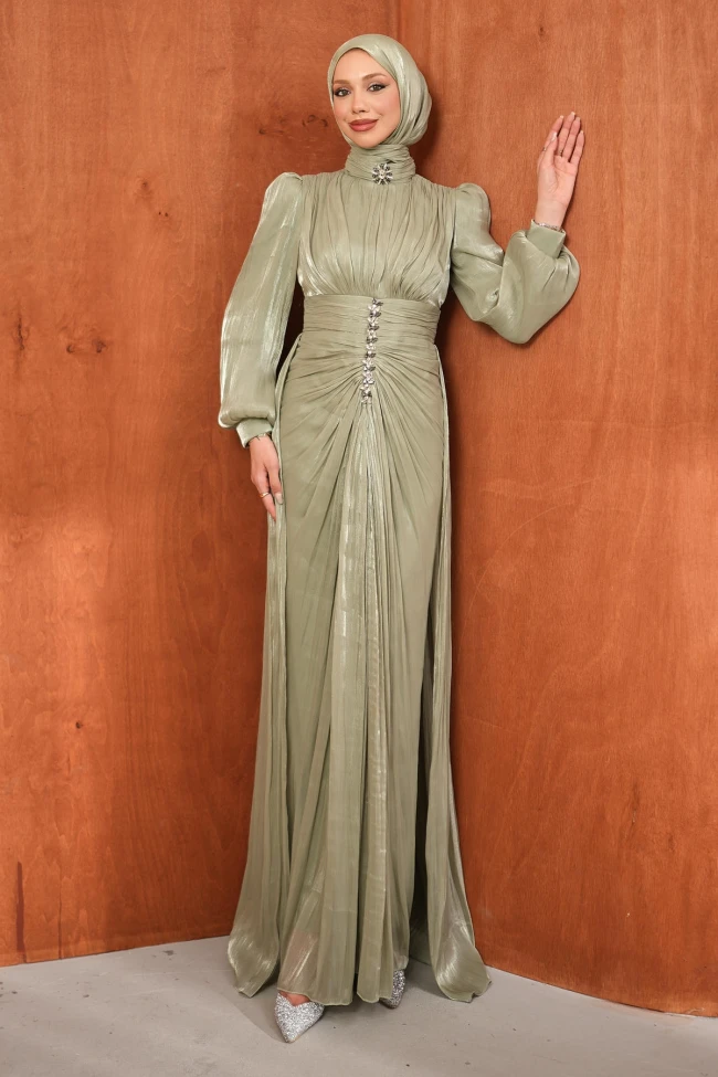 Mint Yeşili Taş Detaylı Drapeli Janjan Abiye