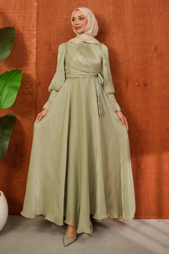 Mint Yeşili Yan Bağlamalı Kol Detaylı Abiye