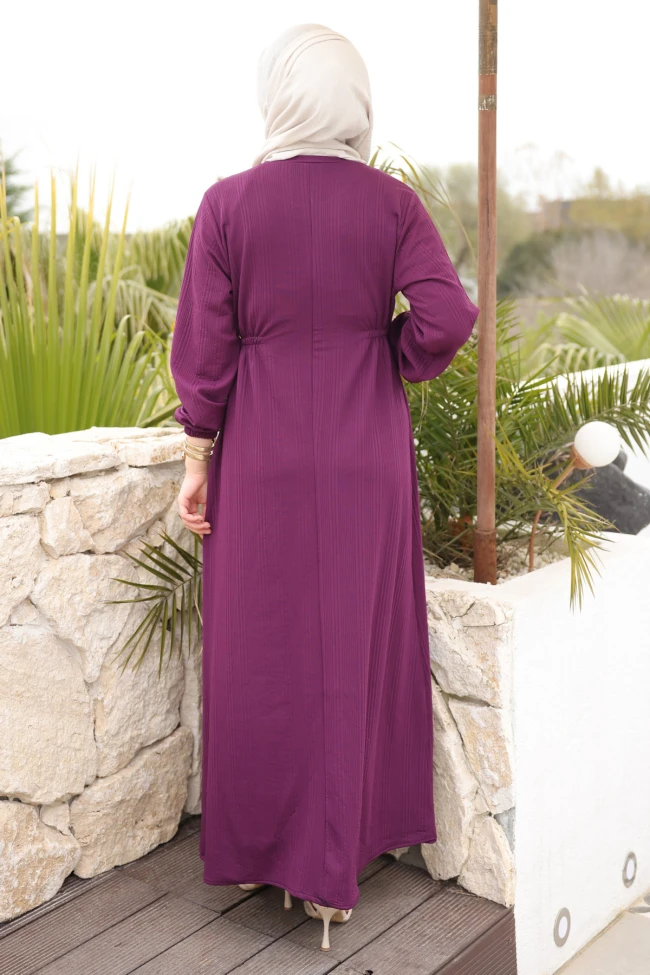 Mor Bisiklet Yaka Bel Ve Kol Lastikli Bürümcük Elbise