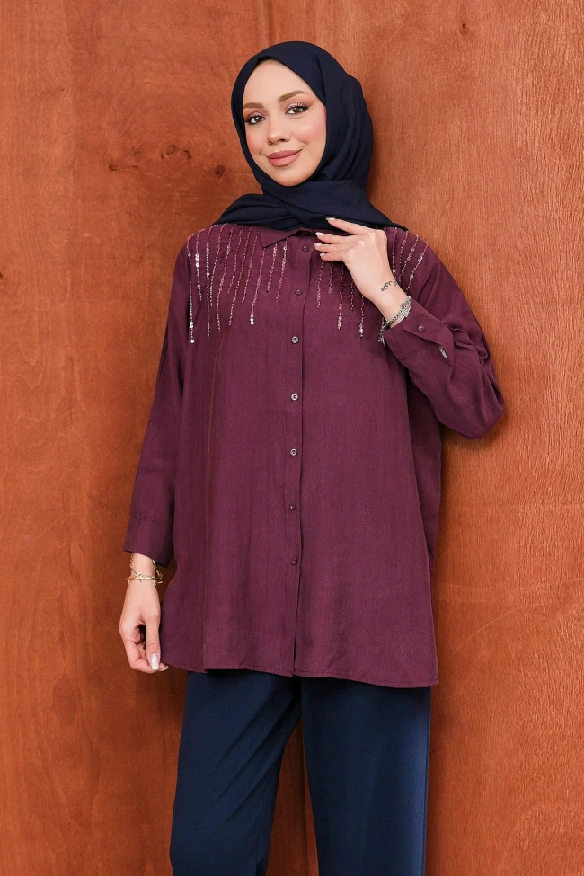 Mürdüm Boncuk İşlemeli Gömlek