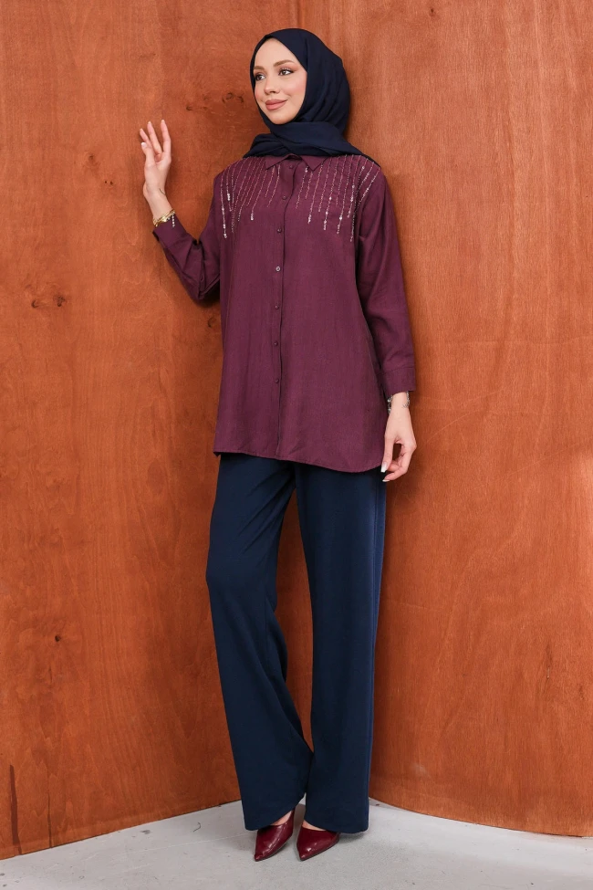 Mürdüm Boncuk İşlemeli Gömlek