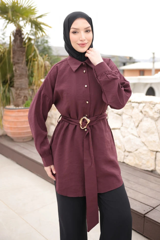 Mürdüm Düğmeli Kuşaklı Tunik