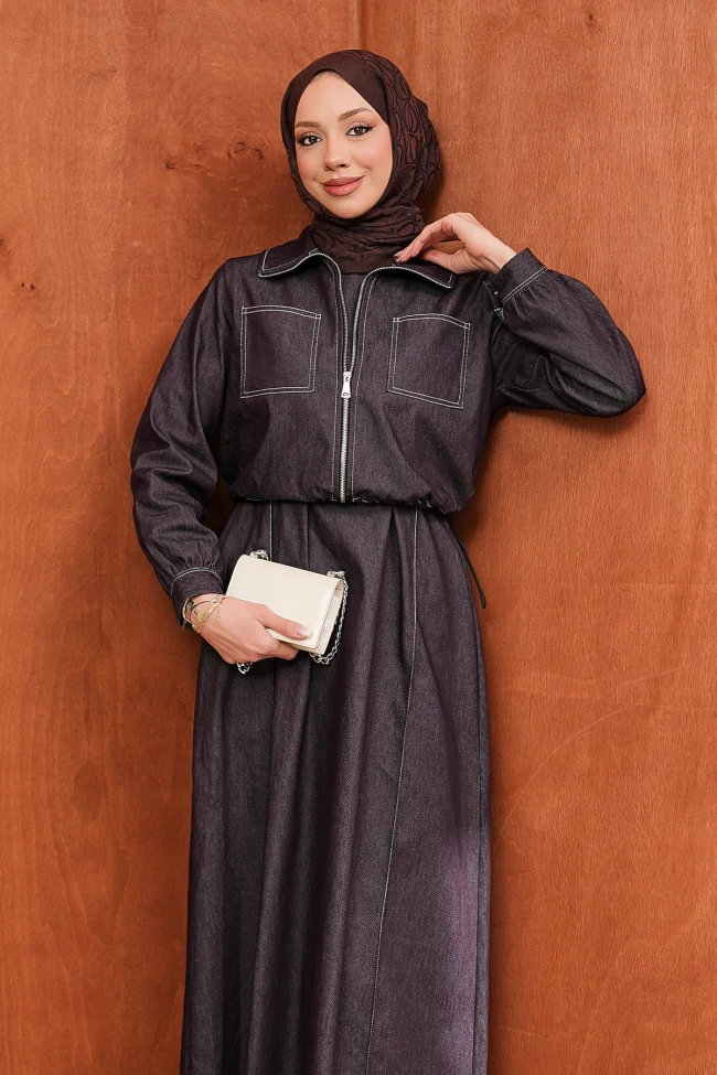 Mürdüm Fermuarlı Ceket Kot Jile Takım