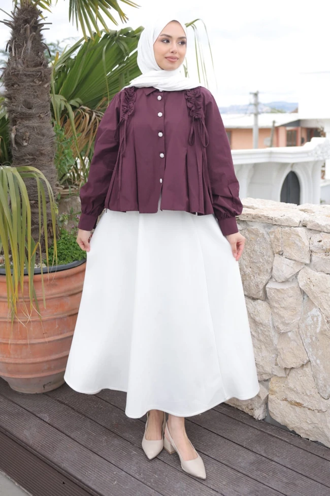 Mürdüm Omuz Büzgülü Gömlek