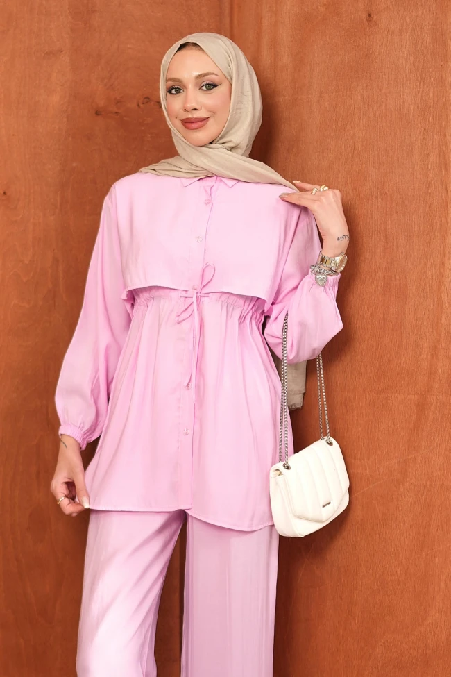 Pembe Bel Bağlamalı Tunik Pantolonlu Takım
