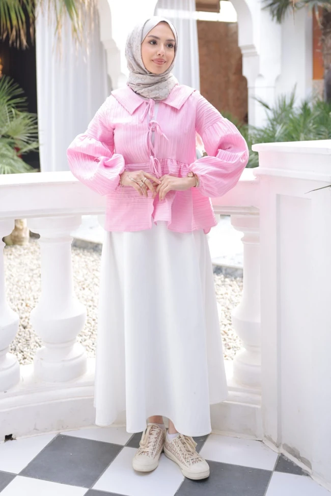 Pembe Kol Lastikli Ön Bağlamalı Gömlek