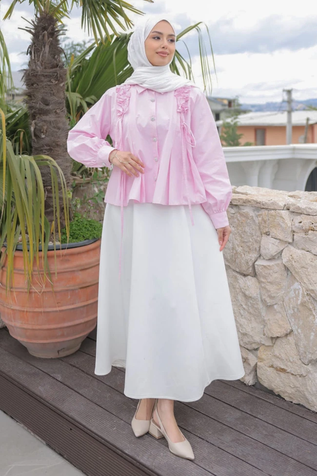 Pembe Omuz Büzgülü Gömlek