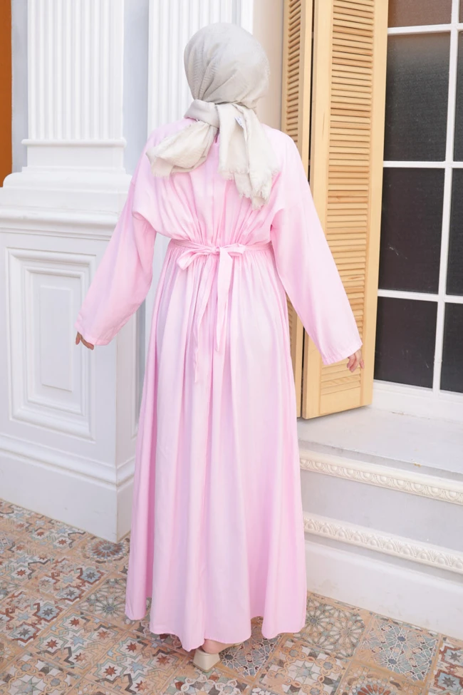 Pembe Pens Dikişli Bel Lastikli Modal Dokuma Elbise
