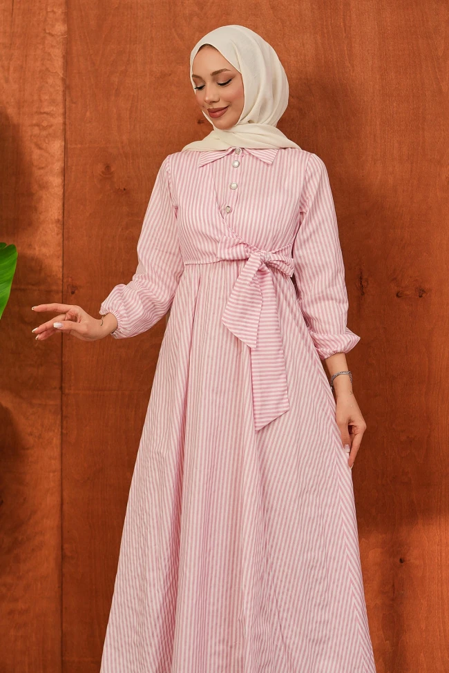 Pembe Yaka Düğmeli Yan Bağlamalı Çizgili Elbise