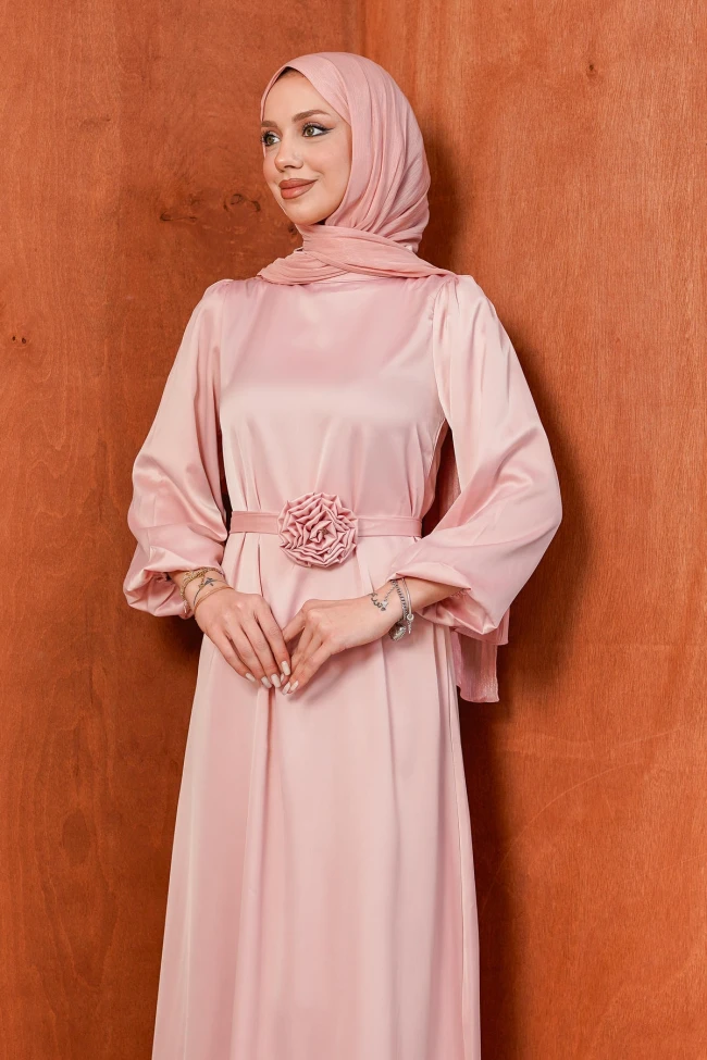 Pudra Gül Kemer Detaylı Balon Kol Saten Abiye
