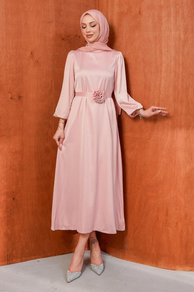 Pudra Gül Kemer Detaylı Balon Kol Saten Abiye