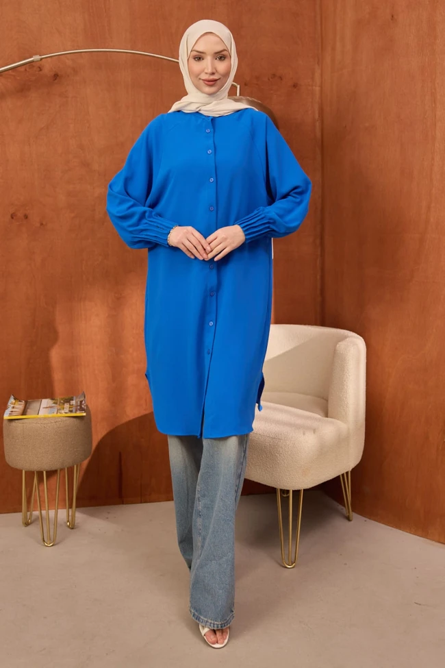 Saks Mavi Kolları Nervürlü Linda Tunik