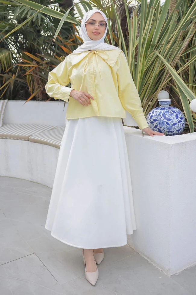 Sarı Yaka Dantelli Poplin Gömlek