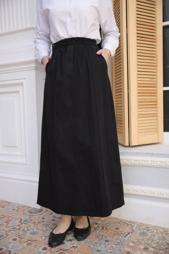 Siyah Bel Lastikli Çimalı Kot Etek