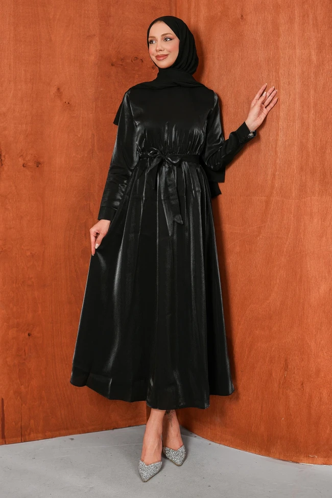 Siyah Bel Lastikli Saten Kuşaklı Abiye